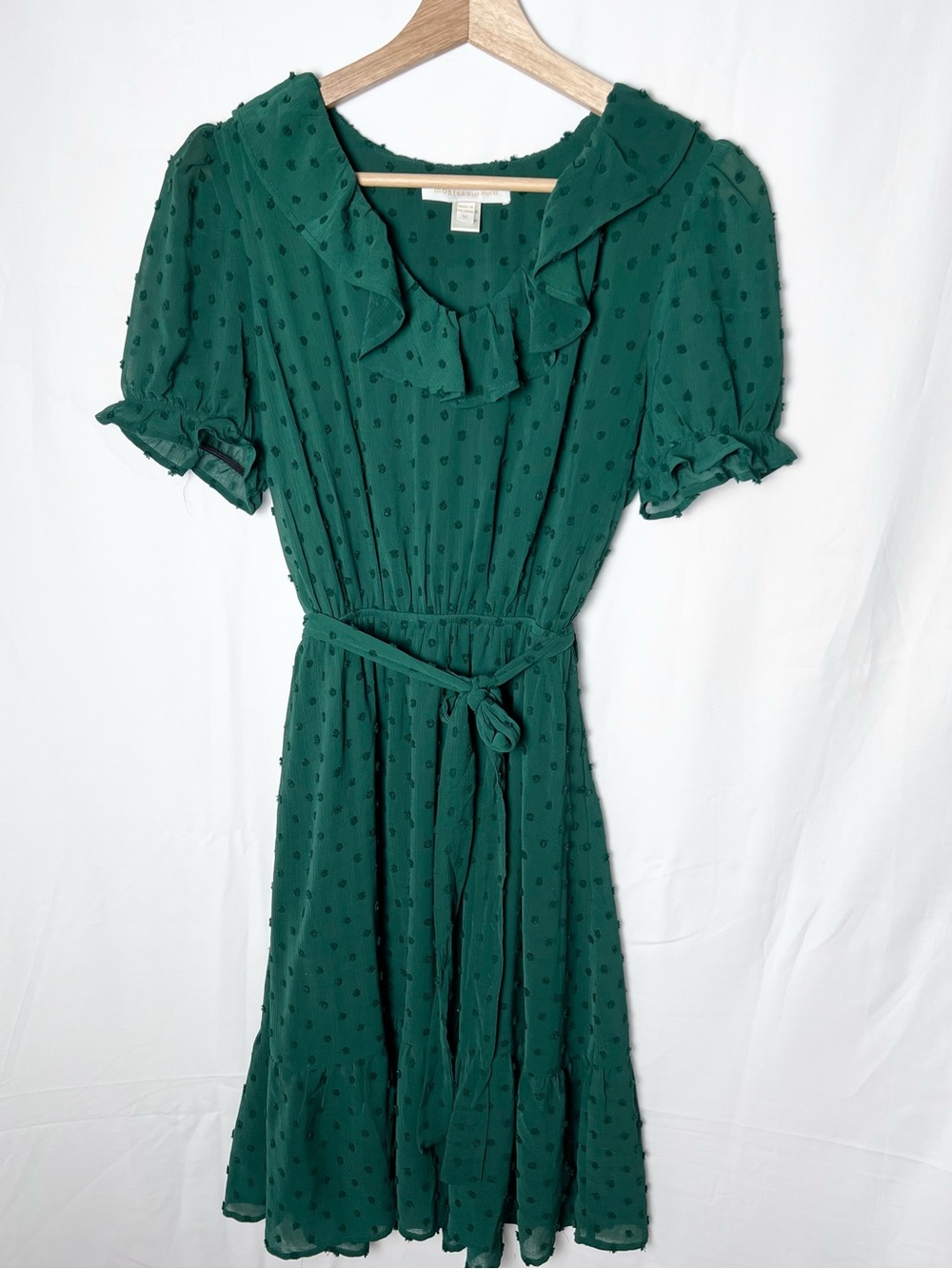 Monteau Emerald Green Swiss Dot Ruffle Midi Dress